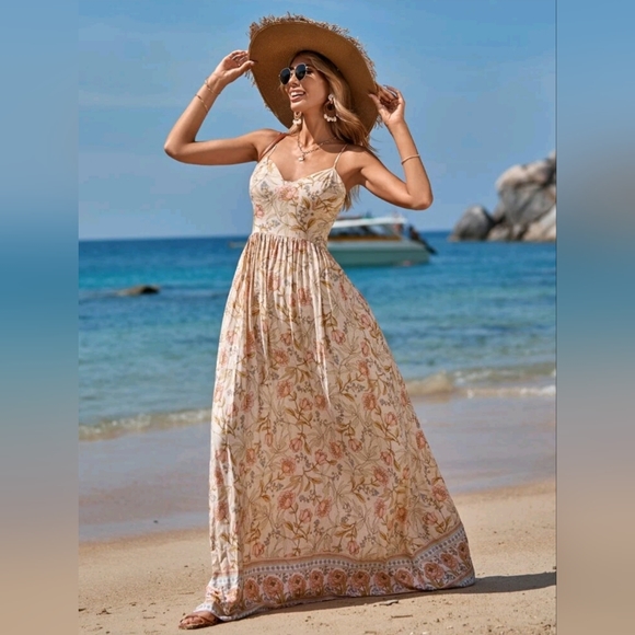 Dresses & Skirts - New Boho Floral Maxi Cami Dress Sundress Pink Cream Beige